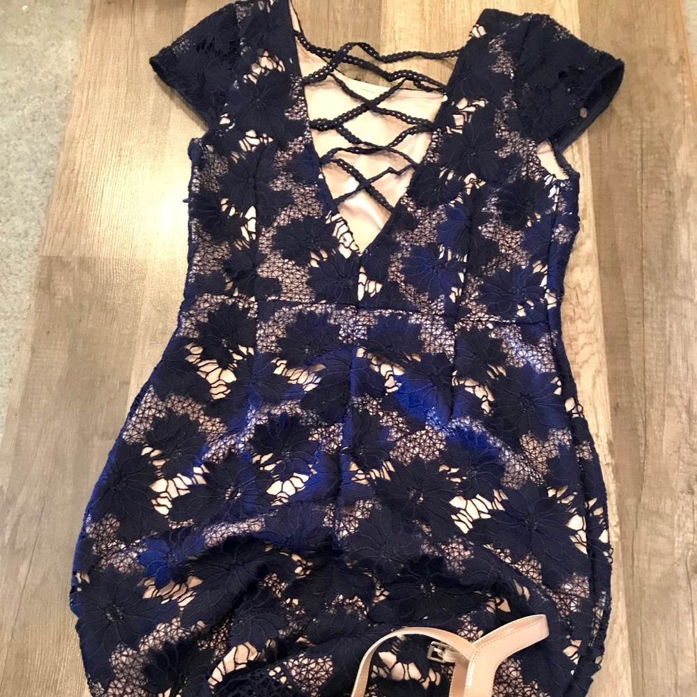 ASOS navy crochet dress with cross cross back